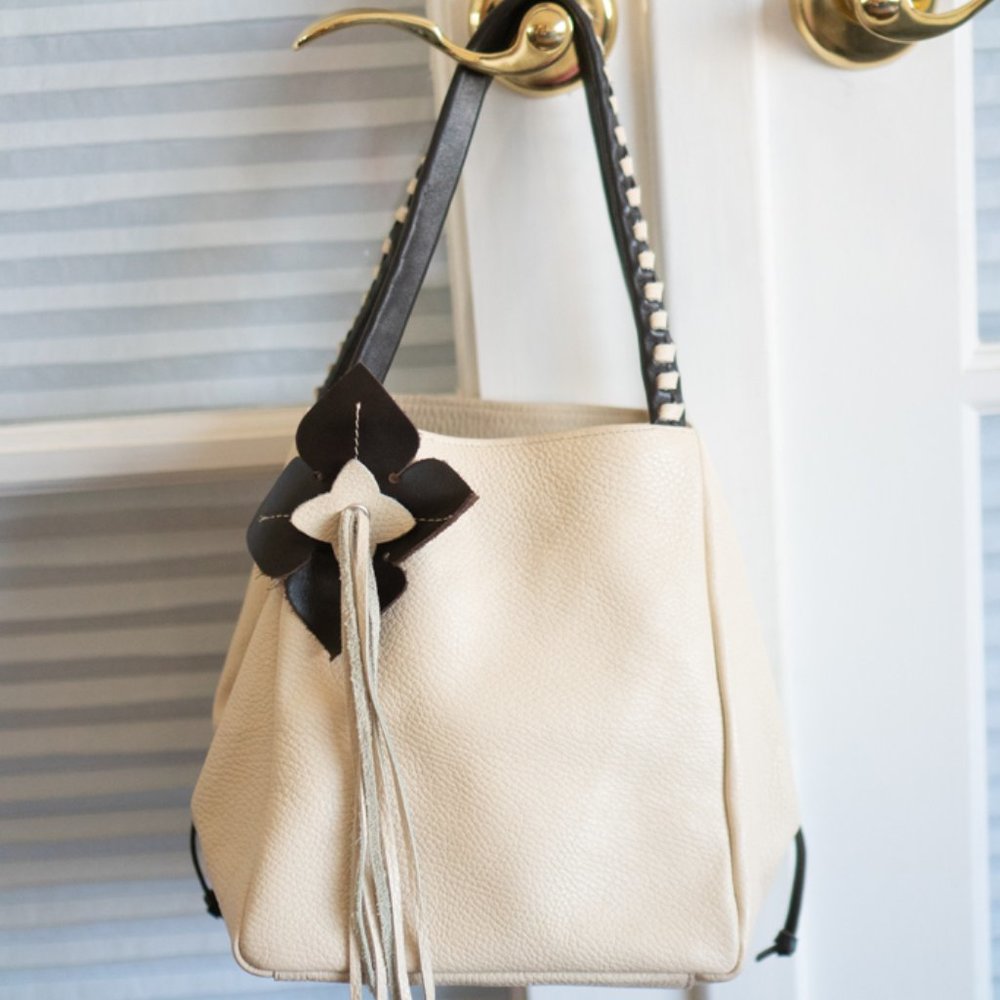 Cream White Danier Leather Flower Small Handbag